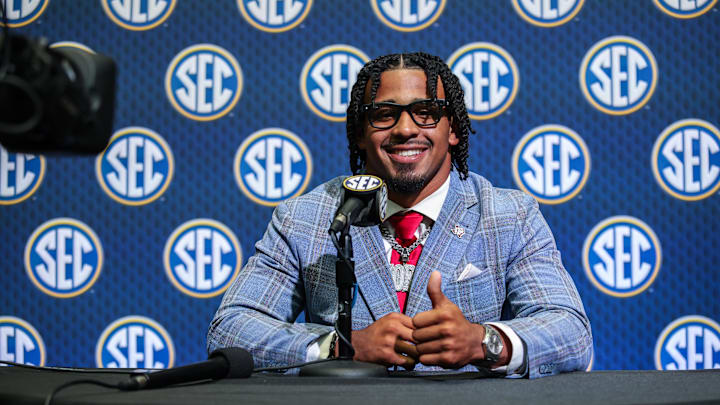 Jul 17, 2025; Atlanta, GA, USA; Texas A&M Aggies linebacker Taurean York answers questions from the media during the SEC Media Days at Omni Atlanta Hotel. Mandatory Credit: Jordan Godfree-Imagn Images