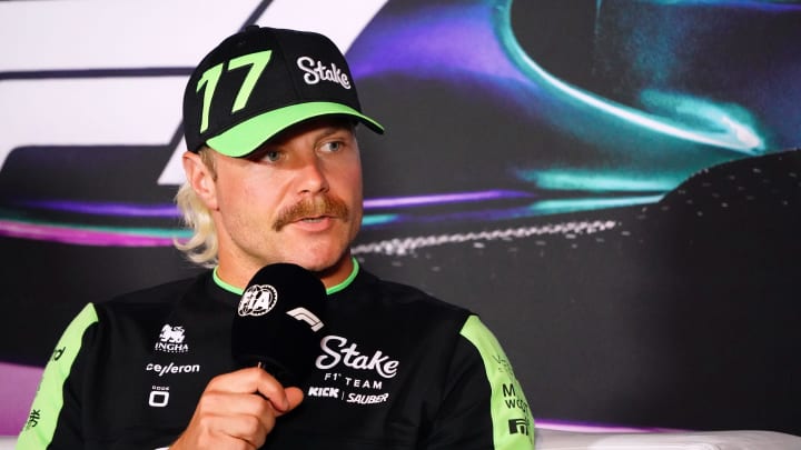 May 2, 2024; Miami Gardens, Florida, USA; Kick Sauber driver Valtteri Bottas (77) addresses the media in advance of the Miami Grand Prix at the Miami International Autodrome. Mandatory Credit: John David Mercer-USA TODAY Sports May 2, 2024; Miami Gardens, Florida, USA; Kick Sauber driver Valtteri Bottas (77) addresses the media in advance of the Miami Grand Prix at the Miami International Autodrome. Mandatory Credit: John David Mercer-USA TODAY Sports