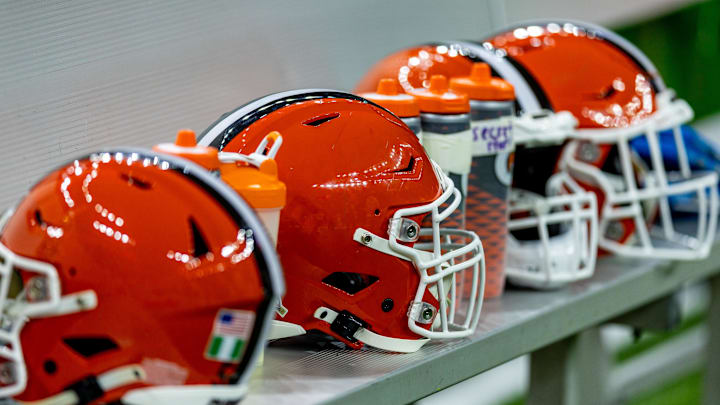 Nov 17, 2024; New Orleans, Louisiana, USA;  Detailed view of the Cleveland Browns helmets on a time out against the New Orleans Saints during the first half at Caesars Superdome. Mandatory Credit: Stephen Lew-Imagn Images