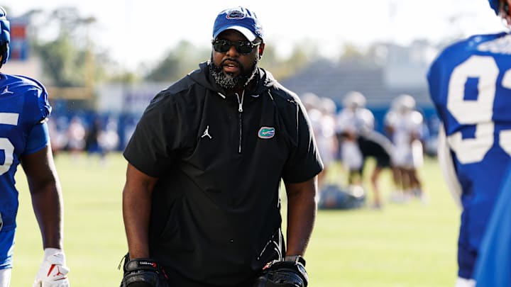 Florida Gators assistant coach for defensive line Gerald Chatman instructs during spring football practice at Heavener Football Complex at the University of Florida in Gainesville, FL on Tuesday, March 11, 2025. [Matt Pendleton/Gainesville Sun]