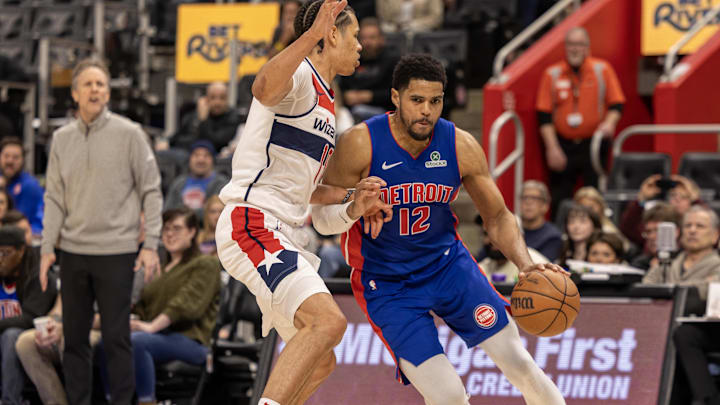 Mar 11, 2025; Detroit, Michigan, USA; Washington Wizards forward Kyshawn George (18) defends against Detroit Pistons forward Tobias Harris (12) during the second half at Little Caesars Arena. Mandatory Credit: David Reginek-Imagn Images Mar 11, 2025; Detroit, Michigan, USA; Washington Wizards forward Kyshawn George (18) defends against Detroit Pistons forward Tobias Harris (12) during the second half at Little Caesars Arena. Mandatory Credit: David Reginek-Imagn Images