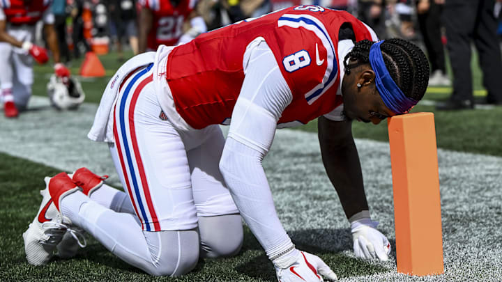 Sep 21, 2025; Foxborough, Massachusetts, USA; New England Patriots wide receiver Stefon Diggs (8) before the game against the Pittsburgh Steelers at Gillette Stadium.