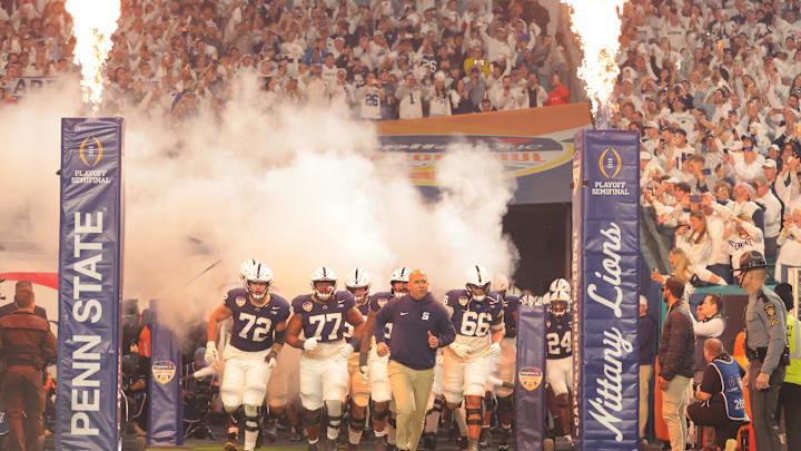 Penn State football coach James Franklin leads the Nittany Lions onto the field for the Orange Bowl vs. Notre Dame Fighting Irish in the Orange Bowl at Hard Rock Stadium. Penn State football coach James Franklin leads the Nittany Lions onto the field for the Orange Bowl vs. Notre Dame Fighting Irish in the Orange Bowl at Hard Rock Stadium.