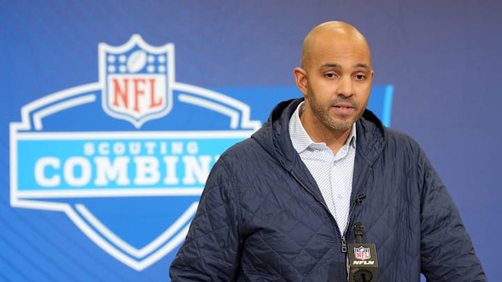 Feb 24, 2026; Indianapolis, IN, USA; Atlanta Falcons general manager Ian Cunningham speaks at the NFL Scouting Combine at the Indiana Convention Center. Mandatory Credit: Kirby Lee-Imagn Images