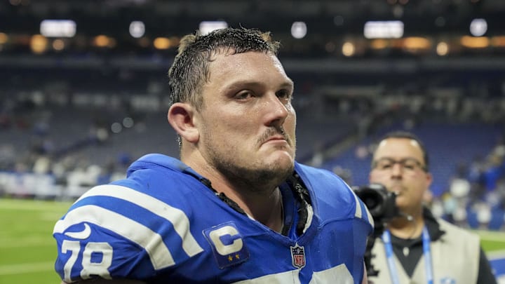 Jan 5, 2025; Indianapolis, Indiana, USA; Indianapolis Colts center Ryan Kelly (78) leaves the field after defeating the Jacksonville Jaguars 26-23 in overtime at Lucas Oil Stadium. Mandatory Credit: Christine Tannous/USA TODAY Network via Imagn Images