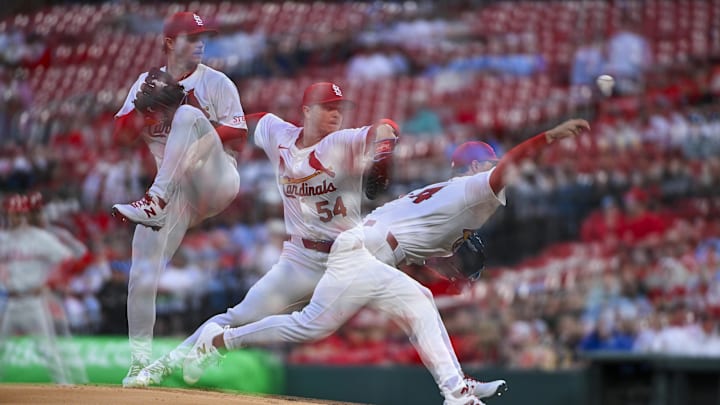 Apr 9, 2024; St. Louis, Missouri, USA;  (editors note: multiple exposure image) St. Louis Cardinals starting pitcher Sonny Gray (54) pitches against the Philadelphia Phillies during the first inning at Busch Stadium. Mandatory Credit: Jeff Curry-Imagn Images