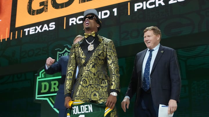 Green Bay Packers first-round pick Matthew Golden is flanked by Commissioner Roger Goodell and Packers president Mark Murphy.