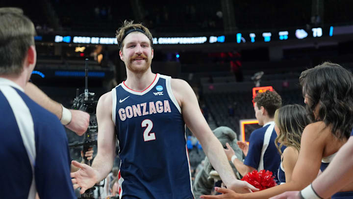 Mar 23, 2023; Las Vegas, NV, USA; Gonzaga Bulldogs forward Drew Timme (2) celebrates after their win against the UCLA Bruins at T-Mobile Arena. Mandatory Credit: Joe Camporeale-Imagn Images