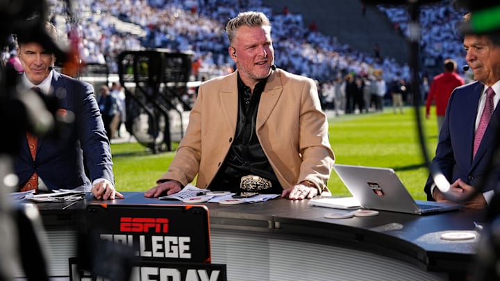 Pat McAfee sits on the ESPN College Gameday set prior to the NCAA football game between the Penn State Nittany Lions and the Ohio State Buckeyes at Beaver Stadium