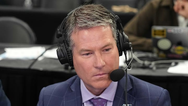 Mar 28, 2024; Los Angeles, CA, USA; CBS Sports play-by-play announcer Brian Anderson looks on in the semifinals of the West Regional of the 2024 NCAA Tournament at Crypto.com Arena. Mandatory Credit: Kirby Lee-Imagn Images Mar 28, 2024; Los Angeles, CA, USA; CBS Sports play-by-play announcer Brian Anderson looks on in the semifinals of the West Regional of the 2024 NCAA Tournament at Crypto.com Arena. Mandatory Credit: Kirby Lee-Imagn Images