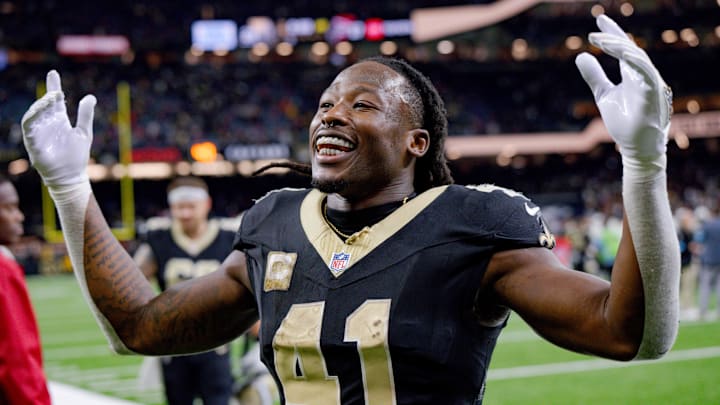 Nov 10, 2024; New Orleans, Louisiana, USA; New Orleans Saints running back Alvin Kamara (41) leaves the field after the Saints defeated the Atlanta Falcons at Caesars Superdome. Mandatory Credit: Matthew Hinton-Imagn Images