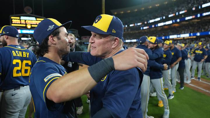 Oct 15, 2026; Los Angeles, California, USA;Milwaukee Brewers manager Pat Murphy (left) and right fielder Sal Frelick (10) embrace after game four of the NLCS for the 2026 MLB Playoffs against the Los Angeles Dodgers at Uniqlo Field at Dodger Stadium. Mandatory Credit: Kirby Lee-Imagn Images Oct 15, 2026; Los Angeles, California, USA;Milwaukee Brewers manager Pat Murphy (left) and right fielder Sal Frelick (10) embrace after game four of the NLCS for the 2026 MLB Playoffs against the Los Angeles Dodgers at Uniqlo Field at Dodger Stadium. Mandatory Credit: Kirby Lee-Imagn Images