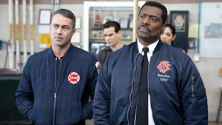 CHICAGO FIRE -- "Light Things Up" Episode 819 -- Pictured: (l-r) Taylor Kinney as Kelly Severide, Alberto Rosende as Blake Gallo, Eamonn Walker as Wallace Boden, Miranda Rae Mayo as Stella Kidd -- (Photo by: Adrian Burrows/NBC)