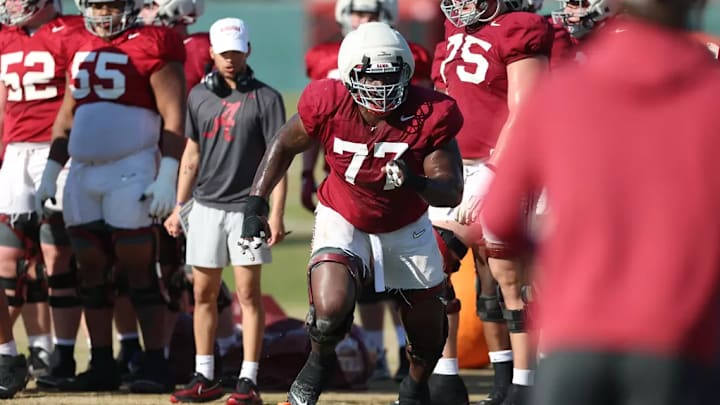 3/25/25 MFB Spring Practice Alabama Offensive Lineman Jaeden Roberts (77) Photo by Kent Gidley