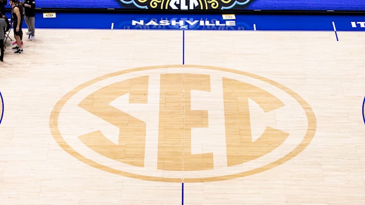 SEC men's basketball tournament court, 2023.
