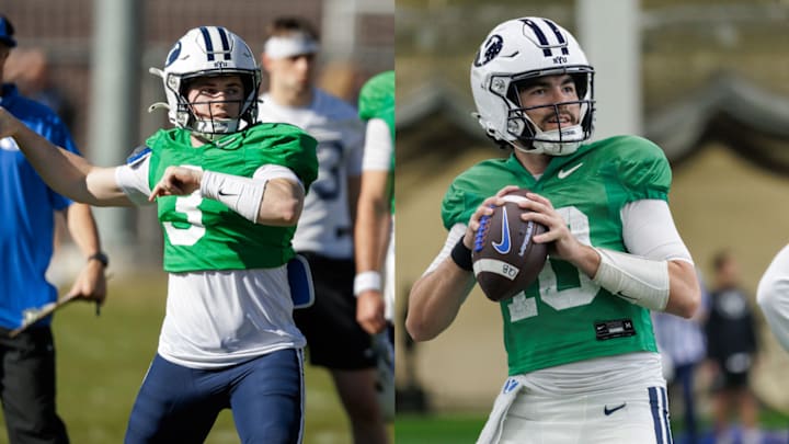BYU quarterbacks McCae Hillstead (left) and Treyson Bourguet (right) at BYU Spring camp BYU quarterbacks McCae Hillstead (left) and Treyson Bourguet (right) at BYU Spring camp