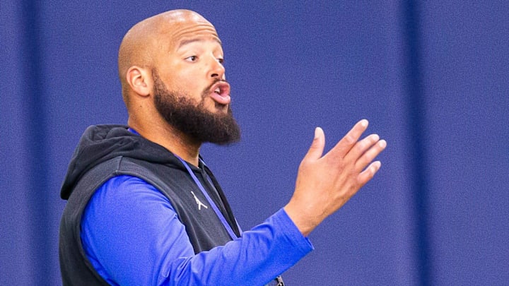 New Florida offensive line coach Jonathan Decoster runs blocking drills during Florida Gators’ last open Spring football practice before the Orange and Blue Game at Sanders Practice Fields in Gainesville, FL on Tuesday, April 9, 2024. [Doug Engle/Gainesville Sun]