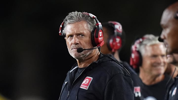 Utah Utes head coach Kyle Whittingham during fourth quarter against the Wyoming Cowboys at Jonah Field at War Memorial Stadium. Utah Utes head coach Kyle Whittingham during fourth quarter against the Wyoming Cowboys at Jonah Field at War Memorial Stadium.