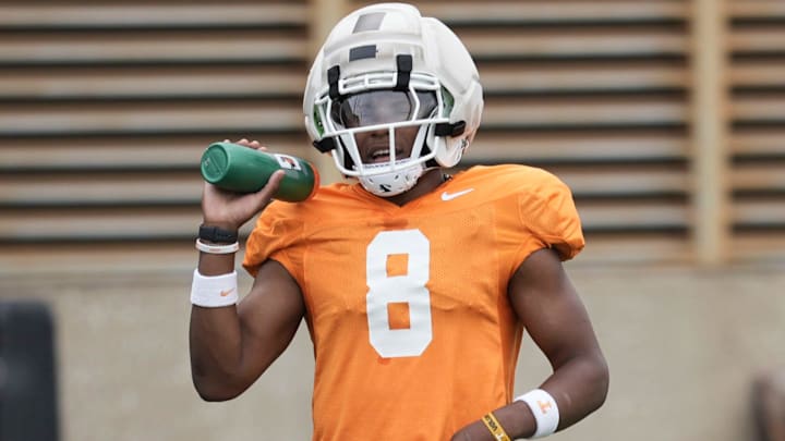 Tennessee defensive back Colton Hood (8) during Tennessee football preseason practice, in Knoxville, Tennessee, Aug. 5, 2025. Tennessee defensive back Colton Hood (8) during Tennessee football preseason practice, in Knoxville, Tennessee, Aug. 5, 2025.
