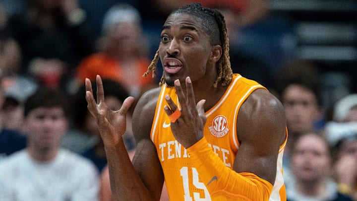 Tennessee guard Jahmai Mashack (15) reacts to a referee's call against Auburn during the second half of their quarterfinal game of the SEC Men's Basketball Tournament at Bridgestone Arena in Nashville, Tenn., Saturday, March 15, 2025.
