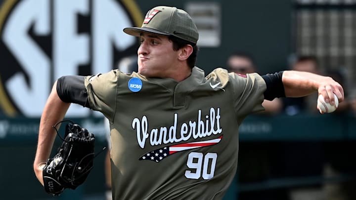 Vanderbilt pitcher Miller Green (90) throws to Wright State batter Hunter Warren during the sixth inning of the Nashville Regional NCAA Baseball Tournament elimination game at Hawkins Field Sunday, June 1, 2025, in Nashville, Tenn. Vanderbilt pitcher Miller Green (90) throws to Wright State batter Hunter Warren during the sixth inning of the Nashville Regional NCAA Baseball Tournament elimination game at Hawkins Field Sunday, June 1, 2025, in Nashville, Tenn.