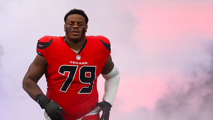 Dec 21, 2025; Houston, Texas, USA; Houston Texans offensive tackle Aireontae Ersery (79) is introduced before playing against the Las Vegas Raiders at NRG Stadium. Mandatory Credit: Thomas Shea-Imagn Images