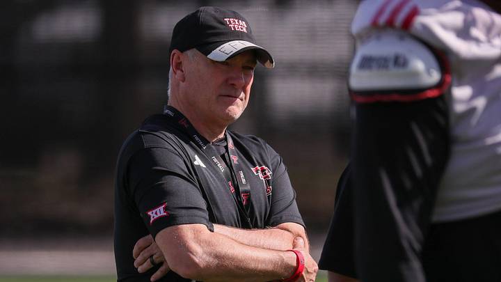 Texas Tech head coach Joey McGuire looks on during spring football practice, Tuesday, March 24, 2026, at the Womble Football Center.
