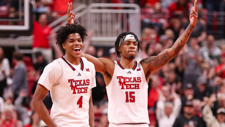 Texas Tech players Christian Anderson (4) and JT Toppin react to a play against Sam Houston during a nonconference men's basketball game, Friday, Nov. 7, 2025, at United Supermarkets Arena.