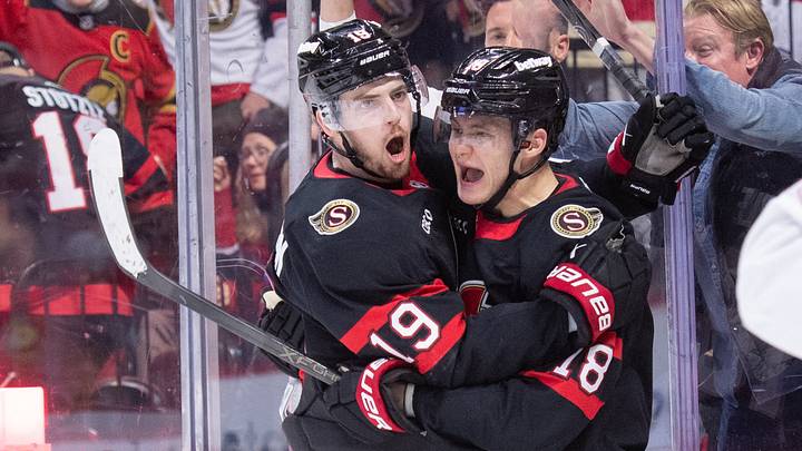 Mar 11, 2026; Ottawa, Ontario, CAN; Ottawa Senators forward Tim Stutzle (18) celebrates a goal scored by forward Drake Batherson (19) in the first period against the Montreal Canadiens at the Canadian Tire Centre. Mandatory Credit: Marc DesRosiers-IMAGN Images