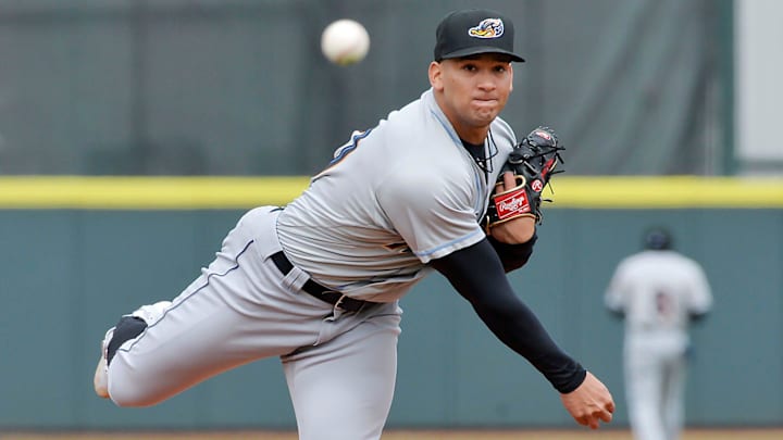 Akron RubberDucks pitcher Daniel Espino warms up between innings against the Erie SeaWolves at UPMC Park in Erie on April 9, 2022.