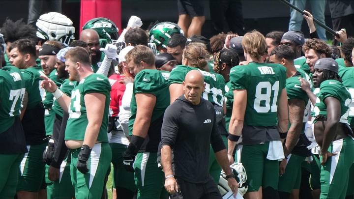 Florham Park, NJ -- August 21, 2024 -- Jets head coach Robert Saleh during practice. The New York Giants came to the Atlantic Health Jets Training Center in Florham Park, New Jersey to take part in a joint practice with the New York Jets. Florham Park, NJ -- August 21, 2024 -- Jets head coach Robert Saleh during practice. The New York Giants came to the Atlantic Health Jets Training Center in Florham Park, New Jersey to take part in a joint practice with the New York Jets.