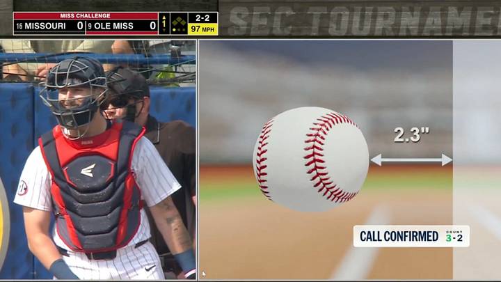 The Ole Miss catcher did not nail his first ABS challenge. The Ole Miss catcher did not nail his first ABS challenge.