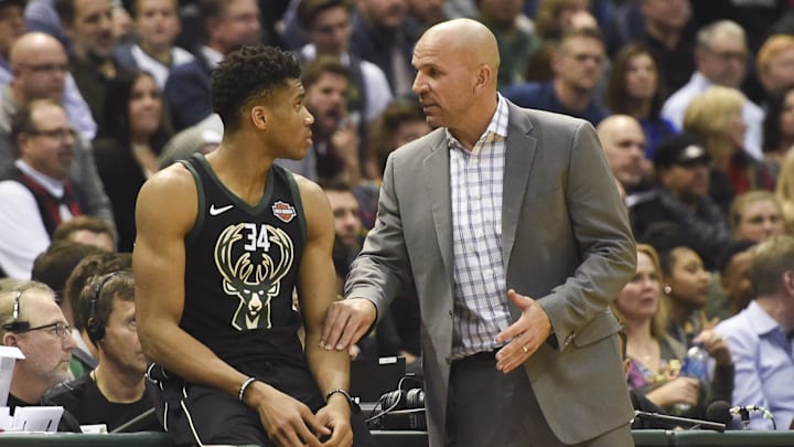 Dec 15, 2017; Milwaukee, WI, USA;  Milwaukee Bucks head coach Jason Kidd talks to forward Giannis Antetokounmpo (34) in the fourth quarter during the game against the Chicago Bulls at BMO Harris Bradley Center. Mandatory Credit: Benny Sieu-Imagn Images