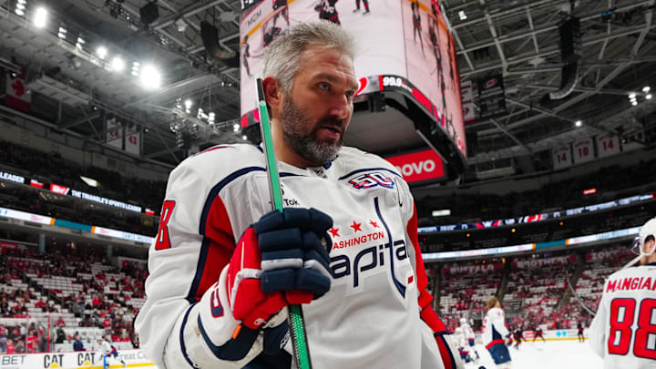 May 12, 2025; Raleigh, North Carolina, USA; Washington Capitals left wing Alex Ovechkin (8) comes off the ice after the warmups before the game against the Carolina Hurricanes in game four of the second round of the 2025 Stanley Cup Playoffs at Lenovo Center. Mandatory Credit: James Guillory-Imagn Images