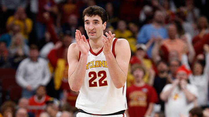 Mar 27, 2026; Chicago, IL, USA; Iowa State Cyclones forward Milan Momcilovic (22) reacts in the first half against the Tennessee Volunteers during a Sweet Sixteen game of the Midwest Regional of the men's 2026 NCAA Tournament at United Center. Mandatory Credit: Kamil Krzaczynski-Imagn Images