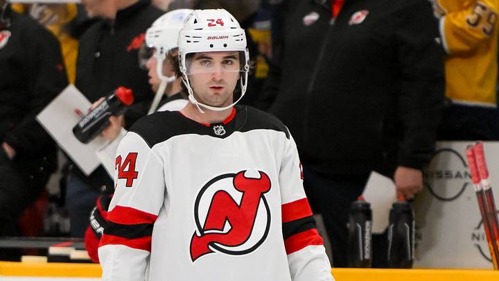 New Jersey Devils defenseman Seamus Casey (24) warms up before a game at Bridgestone Arena. Mandatory Credit: Steve Roberts-Imagn Images