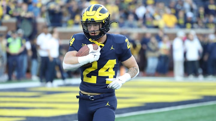Michigan Wolverines running back Cole Cabana (24) warms up before action against the Bowling Green Falcons Saturday, Sept.16 2023.