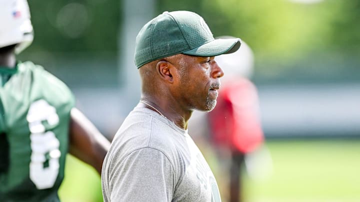 Michigan State's wide receivers coach Courtney Hawkins looks on during the first day of football camp on Tuesday, July 30, 2024, in East Lansing. Michigan State's wide receivers coach Courtney Hawkins looks on during the first day of football camp on Tuesday, July 30, 2024, in East Lansing.