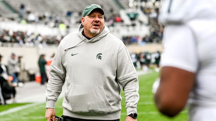 Michigan State offensive line coach Jim Michalczik works with players during the Spring Showcase on Saturday, April 20, 2024, at Spartan Stadium in East Lansing.
