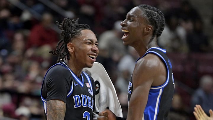 Jan 3, 2026; Tallahassee, Florida, USA; Duke Blue Devils guard Dame Sarr (7) celebrates making a three point shot with guard Isaiah Evans (3) during the second half against the Florida State Seminoles at Donald L. Tucker Center. Mandatory Credit: Melina Myers-Imagn Images