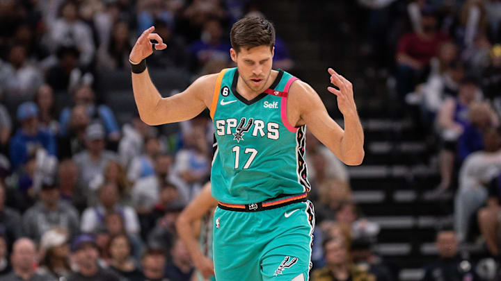 Apr 2, 2023; Sacramento, California, USA; San Antonio Spurs forward Doug McDermott (17) celebrates