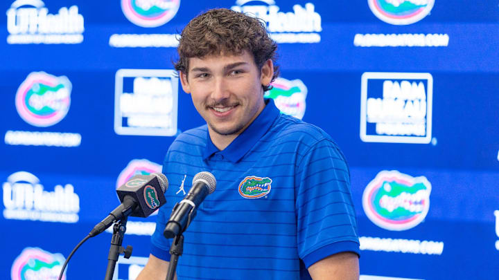 Florida quarterback Aaron Philo (12) speaks during a press conference after spring practice at Sanders Practice Fields in Gainesville, FL on Tuesday, March 24, 2026. [Alan Youngblood/Gainesville Sun]