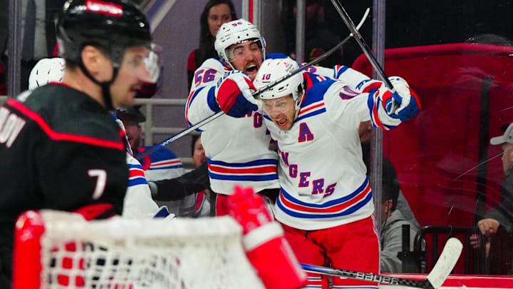 May 9, 2024; Raleigh, North Carolina, USA; New York Rangers left wing Artemi Panarin (10) celebrates
