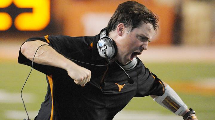 Sept 11, 2010; Austin, TX, USA; Texas Longhorns defensive coach Will Muschamp reacts to a call against the Wyoming Cowboys during the fourth quarter at Texas Memorial Stadium. Texas beat Wyoming 34-7. Mandatory Credit: Brendan Maloney-Imagn Images