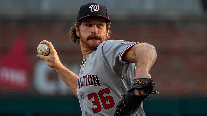 Aug 1, 2026; Cumberland, Georgia, USA; Washington Nationals pitcher Miles Mikolas (36) pitches against the Atlanta Braves during the first inning at Truist Park. Mandatory Credit: Dale Zanine-Imagn Images Aug 1, 2026; Cumberland, Georgia, USA; Washington Nationals pitcher Miles Mikolas (36) pitches against the Atlanta Braves during the first inning at Truist Park. Mandatory Credit: Dale Zanine-Imagn Images