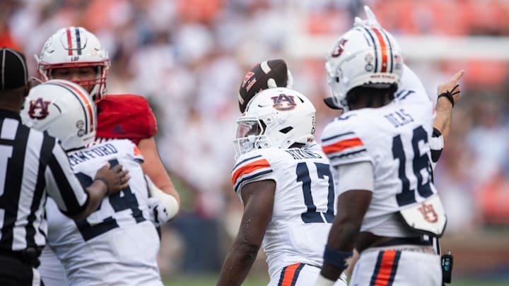 Auburn Tigers linebacker Xavier Atkins (17) celebrates his fumble recovery as the Auburn Tigers take on the South Alabama Jaguars at Jordan-Hare Stadium in Auburn, Ala., on Saturday, Sept. 13, 2025.