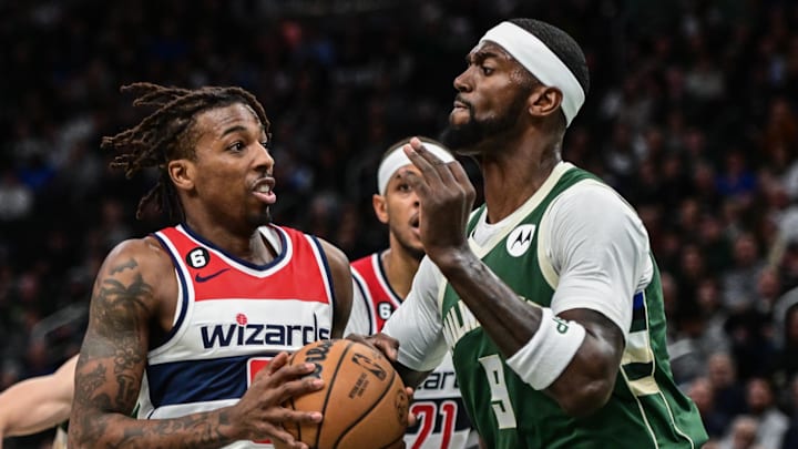 Jan 3, 2023; Milwaukee, Wisconsin, USA; Washington Wizards guard Delon Wright (55) drives for the