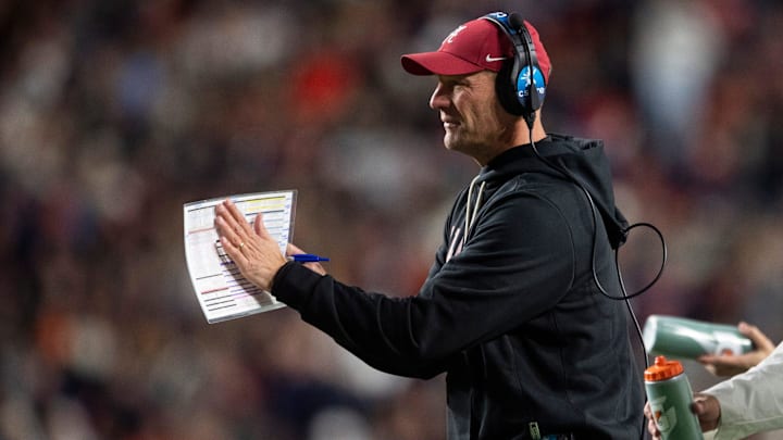 Alabama Crimson Tide head coach Kalen DeBoer encourages his team as Auburn Tigers take on Alabama Crimson Tide in the Iron Bowl at Jordan-Hare Stadium in Auburn, Ala. on Saturday, Nov. 29, 2025. Alabama Crimson Tide leads Auburn Tigers 17-6.
