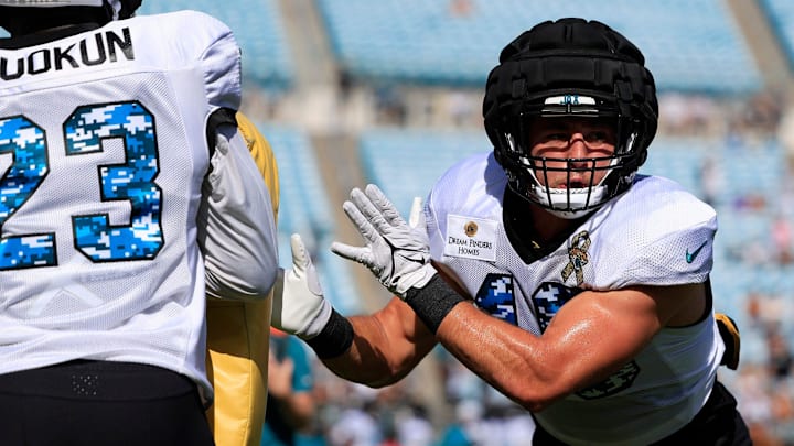 Jacksonville Jaguars linebacker Chad Muma (48) drills on linebacker Foyesade Oluokun (23) during the ninth day of an NFL football training camp practice Saturday, Aug. 3, 2024 at EverBank Stadium in Jacksonville, Fla. Today marked the first day of public practice inside the stadium.