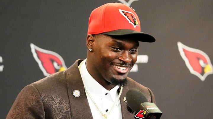 The Arizona Cardinals introduce their first-round draft pick running back Jeremiyah Love during a press conference at the Cardinals Dignity Health training facility on April 24, 2026, in Tempe, Ariz. The Arizona Cardinals introduce their first-round draft pick running back Jeremiyah Love during a press conference at the Cardinals Dignity Health training facility on April 24, 2026, in Tempe, Ariz.